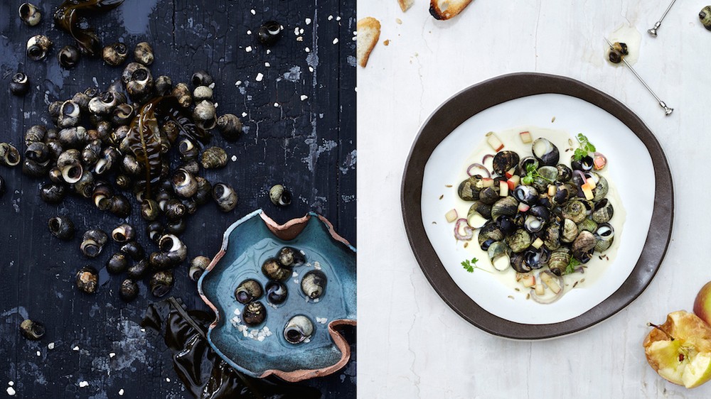 Steamed periwinkles in calvados cream broth.