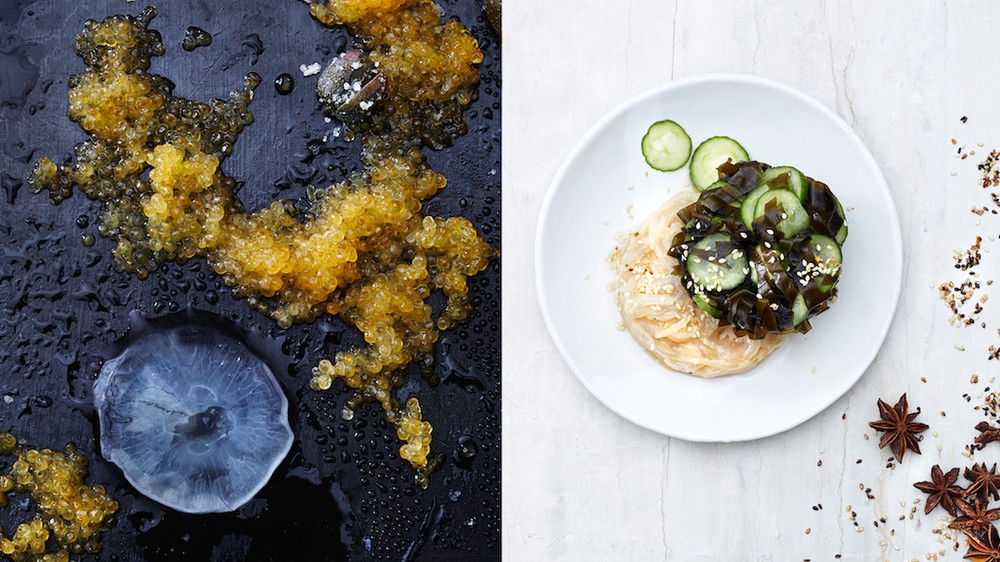 Peanut butter jellyfish, wakame, and salted cucumber salad